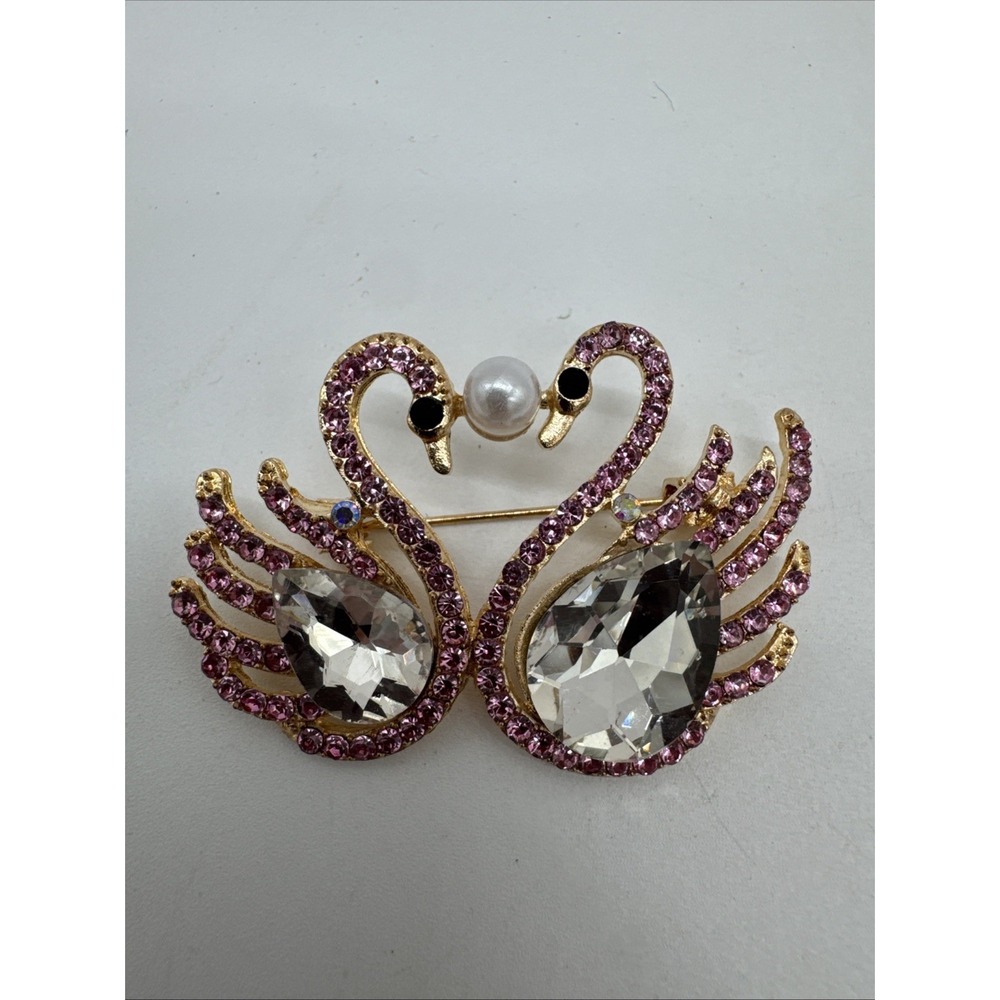 Pin Pair Of Swans Pink & Clear Crystal Faux Pearl Black Bead Gold Tone Brooch
